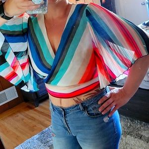 NWT Express Cropped sheer top w/ butterfly sleeves. Multi color stripes!
